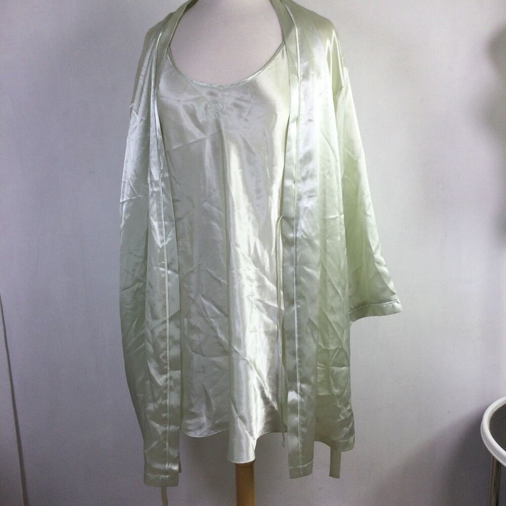 Oscar De La Renta Womens Logo Belted Satin Robe With Gown Set Green Size XL - Picture 9 of 16
